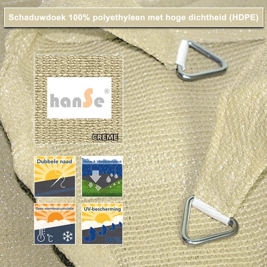 hanSe® Schaduwdoek Driehoek Gelijkbenig Waterdoorlatend 2,5x2,5x3,5 m Creme