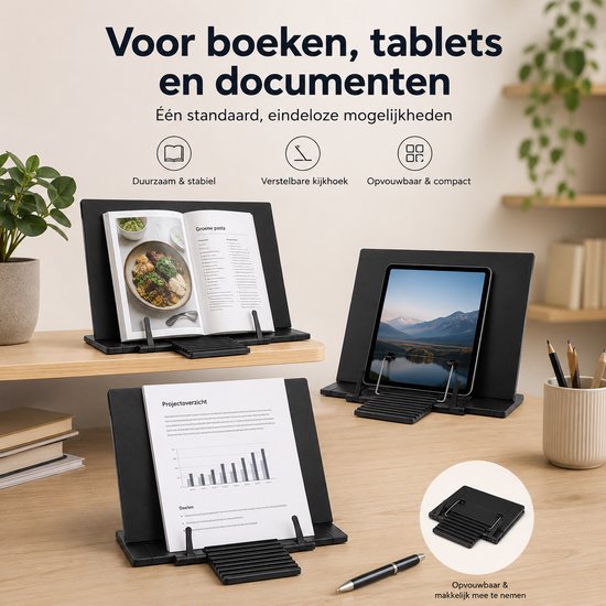 Boekenstandaard Verstelbaar – Boekenhouder – Kookboekstandaard – Leesstandaard – Documenthouder – Tabletstandaard – Opvouwbaar – Zwart