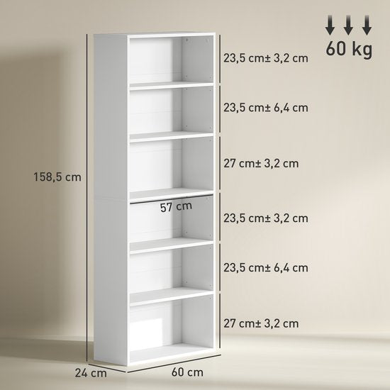 4goodz Boekenkast met 6 Verstelbare Planken - 24x60x158 cm - Wit