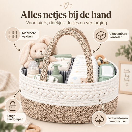 Luiermand voor Commode – Baby Organizer met Uitneembare Vakken – Commodemandje met Handvatten – 36 x 22 x 18 cm – Opbergmand voor Luiers, Doekjes & Babyverzorging – Beige
