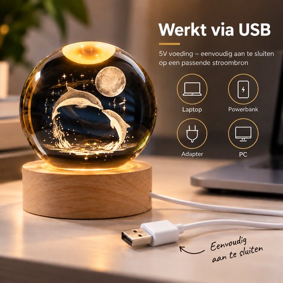 DMG Supply 3D Kristallen Bol Lamp - USB Oplaadbaar - LED Lamp - Nachtlamp - Tafellamp - Bureaulamp