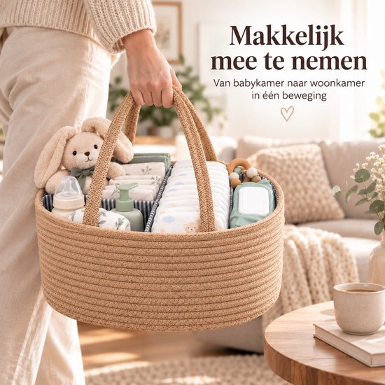 Luiermand voor Commode – Baby Organizer met Uitneembare Vakken – Commodemandje met Handvatten – 36 x 22 x 18 cm – Opbergmand voor Luiers, Doekjes & Babyverzorging – Bruin