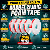 24ME® - Pakket van 5 rollen - 25 Meter Extra Sterk Dubbelzijdig PE Foam Tape - Wit - 20mm x 1mm - 5 Rollen Meter - Extra Sterke Kleefkracht