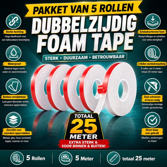 24ME® - Pakket van 5 rollen - 25 Meter Extra Sterk Dubbelzijdig PE Foam Tape - Wit - 20mm x 1mm - 5 Rollen Meter - Extra Sterke Kleefkracht