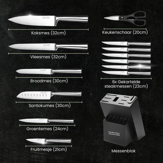 MoreCore Messenset met Blok en Messenslijper - Messenblok - Keukenmessen - Inclusief Keukenschaar - Koksmes - Krasbestendige - RVS - Zilverkleurig-Zwart - Vaderdag Cadeau