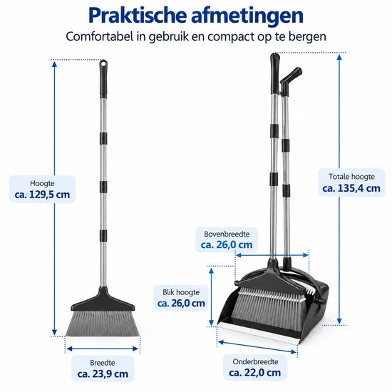 Bezem met Stofblik en Lange Steel – Bezem en Blik Set – Telescopisch & Zelfreinigend – Staande Stoffer en Blik – Voor Haren, Stof en Kruimels – Zwart