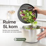 Slacentrifuge RVS 5L met Snij- en Raspmessen – Salade Spinner – Sladroger – Slakom met Mandoline – Groentesnijder – Julienne Snijder – RVS Mengkom