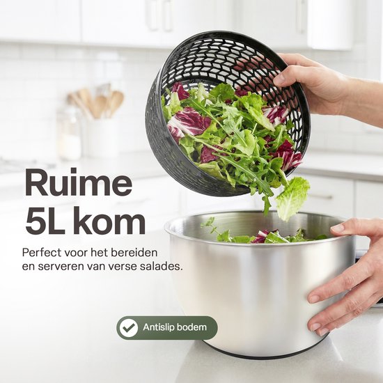 Slacentrifuge RVS 5L met Snij- en Raspmessen – Salade Spinner – Sladroger – Slakom met Mandoline – Groentesnijder – Julienne Snijder – RVS Mengkom