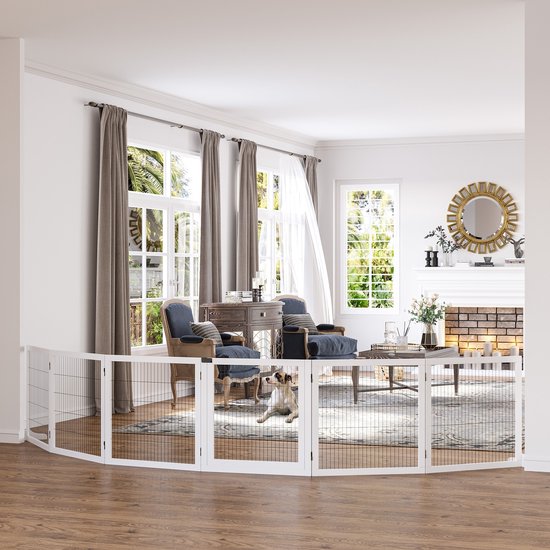 Veiligheidshek voor Huisdieren - Opvouwbaar - 432 x 36 x 70 cm - Dennenhout - Wit