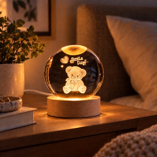 DMG Supply 3D Kristallen Bol Lamp - USB Oplaadbaar - LED Lamp - Nachtlamp - Tafellamp - Bureaulamp