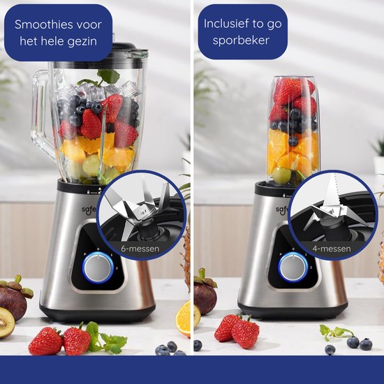 Safecourt Kitchen Blender - Smoothie maker - Krachtige 1200W - To-Go Beker - 3 Standen - RVS