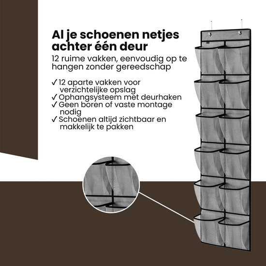 Schoenenkast Hangend - Schoenenzak 12 vakken - Opbergen van Schoenen aan Deur - Schoenenzak Grijs - Oplossing voor rondslingerende schoenen - Hoogwaardige Schoenenkast