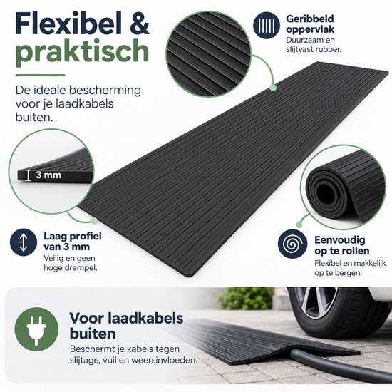 Kabelmat voor Vloer – Kabelbeschermer voor Laadkabel & Verlengsnoer – Oprolbare Kabelbrug – 3 mm Dik – Zwart – 200 X 50 cm