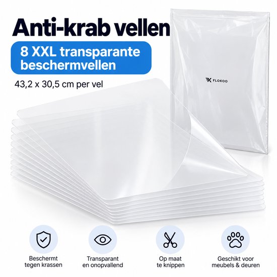 Anti Krab Vellen Kat – 8 XXL Meubelbeschermers – 43,2 x 30,5 cm – Transparante Zelfklevende Krabfolie – Op Maat te Knippen – Voor Bank, Meubels & Deuren