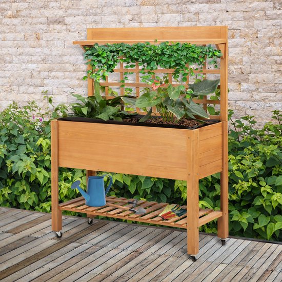 Verhoogde Plantenbak Hout op Wielen met klimrek - 45x105x135 cm