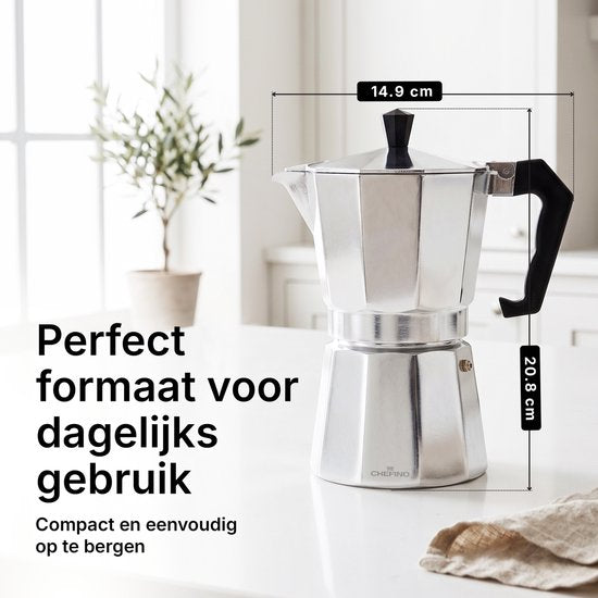 Chefino Percolator 6 Kops – Moka Pot 270 ml – Espressopot voor Italiaans Koffiezetten – Aluminium Mokkapot – Espressomaker voor Gasfornuis