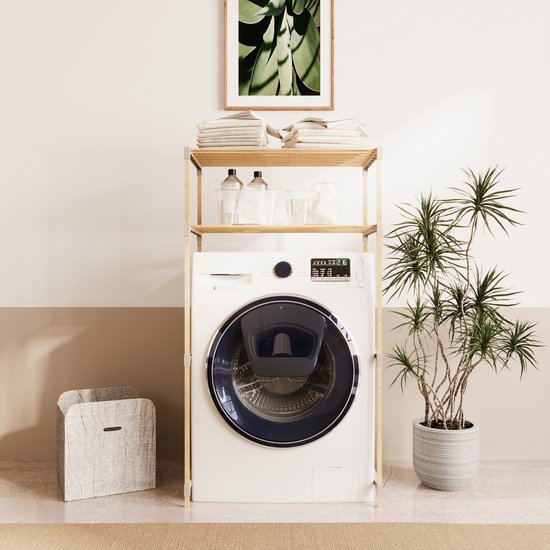 Fixwood 2-Laags Wasmachine Rek – Beige - Houten Opbergrek voor Wasmachine – Ruimtebesparend Badkamerrek 127 cm – Beukenlook – 33x66x127 cm