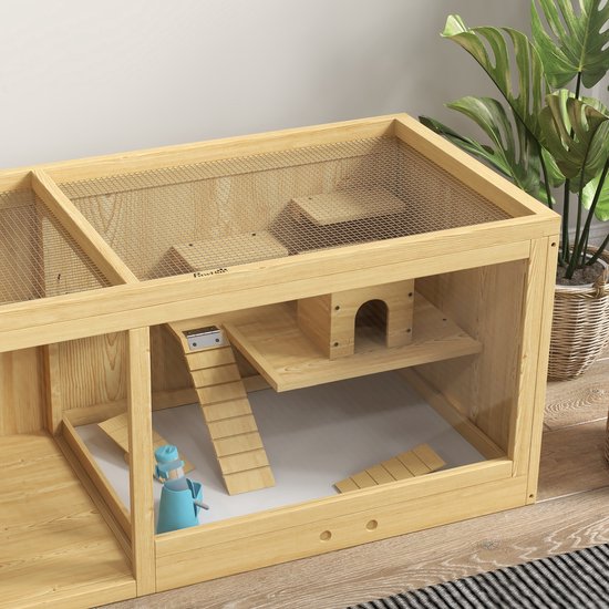 Knaagdierkooi - Sparrenhout - inclusief accessoires en drinkfles - 100 x 50 x 50 cm - Natuurlijk