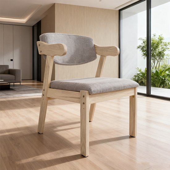 Houten Eetkamerstoel met Armleuning en Grijs Kussen – Scandinavisch Design – Comfortabele Keuken- en Woonkamerstoel – 73x50x50 cm