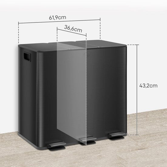 Prullenbak Afvalscheiding 3 x 15L - Geurfilter - Soft-Close - Binnen emmers uitneembaar - Zwart