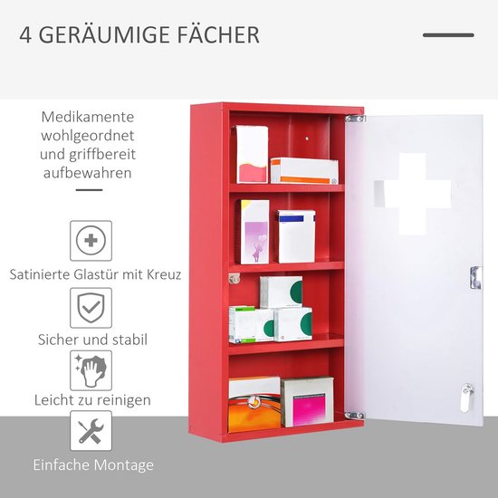 4goodz Medicijnkastje EHBO-kastje met slot RVS 12x30x60 cm - Rood