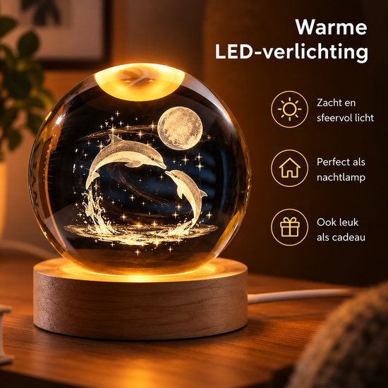 DMG Supply 3D Kristallen Bol Lamp - USB Oplaadbaar - LED Lamp - Nachtlamp - Tafellamp - Bureaulamp