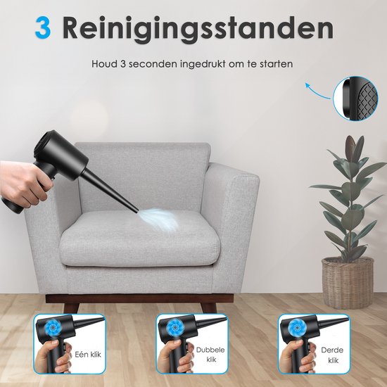 Air Duster met Verlichting en 3 Snelheden - 6 Opzetstukken - 51.000 RPM - Draadloos & USB Oplaadbaar - Perslucht - Compressed air