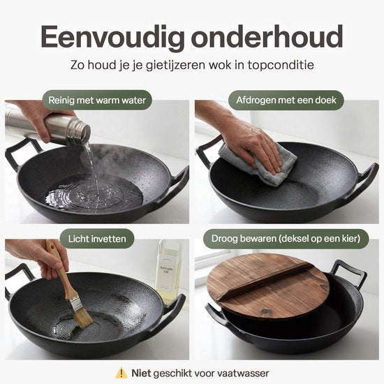 Gietijzeren Wok Ø36 cm met Houten Deksel – Wokpan Gietijzer voor Inductie, Gas, Oven & BBQ – Pre-seasoned – Grote Wokpan met Handgrepen – Professionele Wok