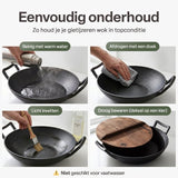 Gietijzeren Wok Ø36 cm met Houten Deksel – Wokpan Gietijzer voor Inductie, Gas, Oven & BBQ – Pre-seasoned – Grote Wokpan met Handgrepen – Professionele Wok