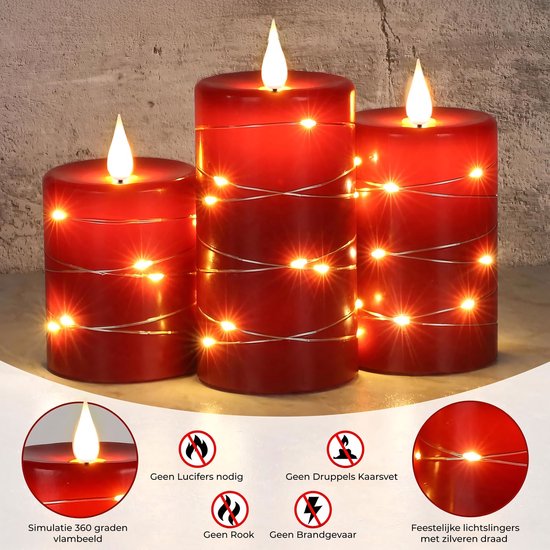 NovaWare LED Kaarsen met Bewegende Vlam - Set van 3 - Kaarsen op batterijen met afstandsbediening – Elektrische Kaarsen - Flikkerende vlam - Oplaadbaar - Timer en Dimfunctie - Rood