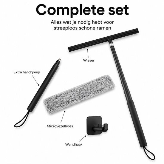 Raamwisser met Telescoopsteel - 120 cm Uitschuifbaar - Raamtrekker met Siliconen Wisser - Douchewisser - Raamwisser voor Douche, Tegels, Spiegels en Ramen - Inclusief Wandhouder & Microvezeldoek