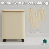AKSA Home® Wasmand met Wieltjes - Wassorteerder met 3 vakken - Wasmand Opvouwbaar met Deksel - 160L - Beige/Creme