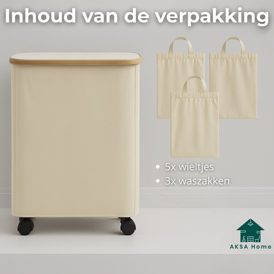 AKSA Home® Wasmand met Wieltjes - Wassorteerder met 3 vakken - Wasmand Opvouwbaar met Deksel - 160L - Beige/Creme