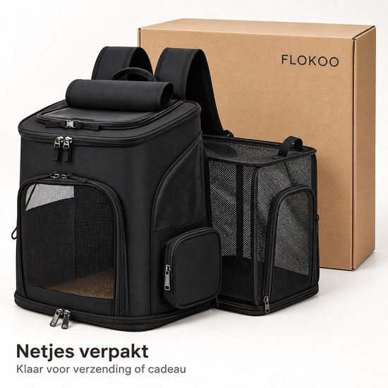 Dierenrugzak voor Kat & Kleine Hond – Uitklapbare Kattenrugzak – Reistas tot 10 kg – Ademend Mesh – 33 x 26 x 40 cm – Transporttas voor Katten en Honden – Zwar