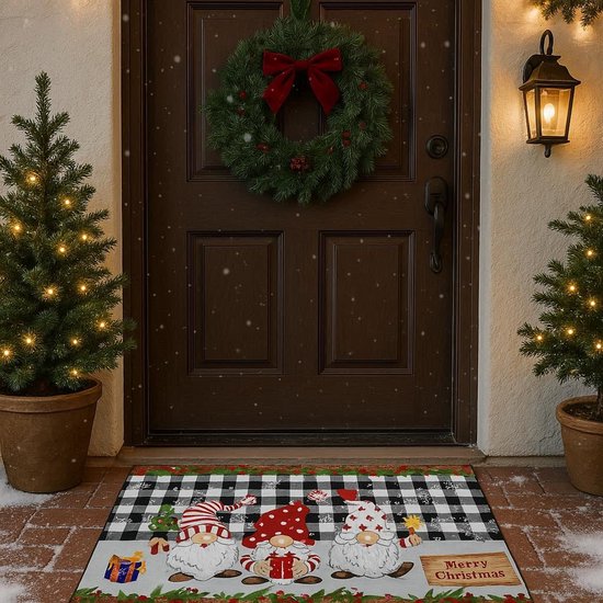 Kerst Deurmat - Deurmat kerstmannen - Linnen Kerstmat - Wit - Zwart - Deurmat - Vloermat - Antislip - Droogloopmat - Decoratieve Deurmat - Merry Christmas Deurmat - Deurmat Voor Binnen en Buiten - 59,5x40 CM