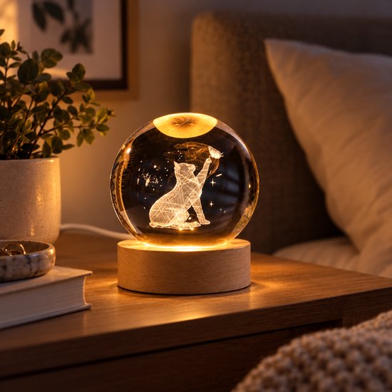 DMG Supply 3D Kristallen Bol Lamp - USB Oplaadbaar - LED Lamp - Nachtlamp - Tafellamp - Bureaulamp