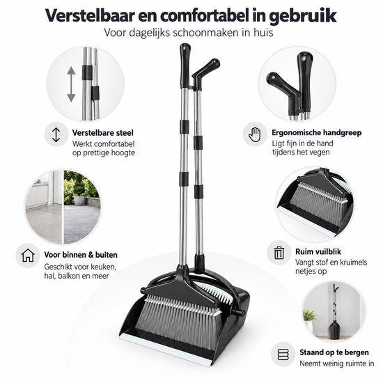 Bezem met Stofblik en Lange Steel – Bezem en Blik Set – Telescopisch & Zelfreinigend – Staande Stoffer en Blik – Voor Haren, Stof en Kruimels – Zwart