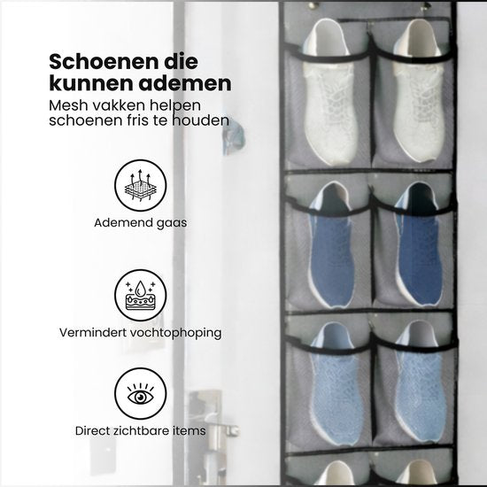 Schoenenkast Hangend - Schoenenzak 12 vakken - Opbergen van Schoenen aan Deur - Schoenenzak Grijs - Oplossing voor rondslingerende schoenen - Hoogwaardige Schoenenkast