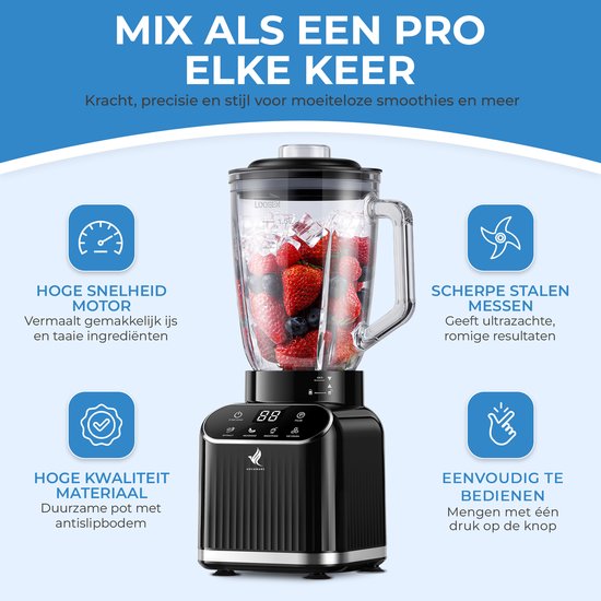 NovaWare Blender - 1.5L - Inclusief beker to go 600ml - 1300W Smoothie Maker - Mini Blender – Met Display - Glas - Zwart