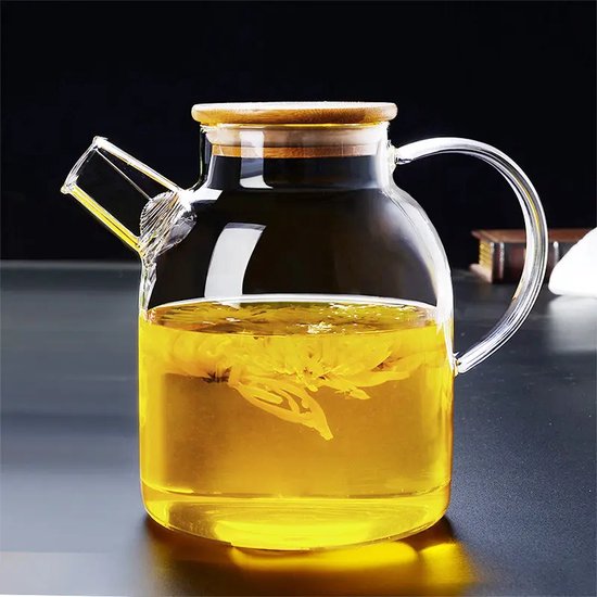 GREENKY® Glazen theepot met filter en bamboe deksel- Theekan - Duurzaam - Filter - Theehouder - Theeglas - Fruitkan - Schenkkan - Teapot - 1,6Liter - 1600ml