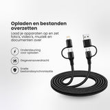 3-in-1 USB Kabel – 1 meter – Snelladen & Dataoverdracht – USB naar USB-C - Lightning – Nylon Gevlochten – Zwart - oplaadkabel Telefoon