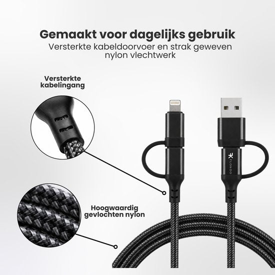 3-in-1 USB Kabel – 1 meter – Snelladen & Dataoverdracht – USB naar USB-C - Lightning – Nylon Gevlochten – Zwart - oplaadkabel Telefoon