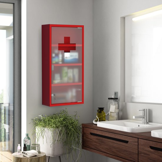 4goodz Medicijnkastje EHBO-kastje met slot RVS 12x30x60 cm - Rood
