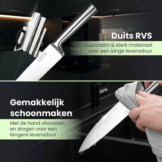 MoreCore Messenset met Blok en Messenslijper - Messenblok - Keukenmessen - Inclusief Keukenschaar - Koksmes - Krasbestendige - RVS - Zilverkleurig-Zwart - Vaderdag Cadeau