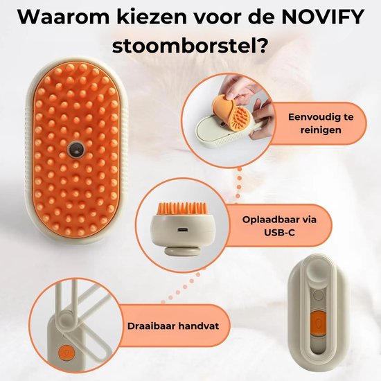NOVIFY® Luxe Kattenborstel - Hondenborstel - Kattenkam met Massagefunctie - met Stoom - Kortharig - Langharig - Kaki