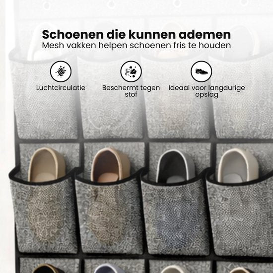 Schoenenkast Hangend - Schoenenzak 24 vakken - Opbergen van Schoenen aan Deur - Schoenenzak Grijs - Oplossing voor rondslingerende schoenen - Hoogwaardige Schoenenkast