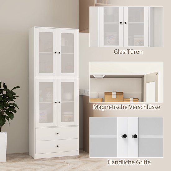 Keukenkast Buffetkast Hoog met 2 matglas deuren 30x59x170 cm - Wit