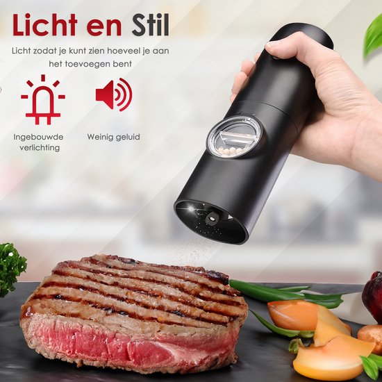 Vesfy Elektrische Peper en Zoutmolen Set - Oplaadbaar met Laadstation - Instelbare Maalgraad - LED-Licht - Pepermolen