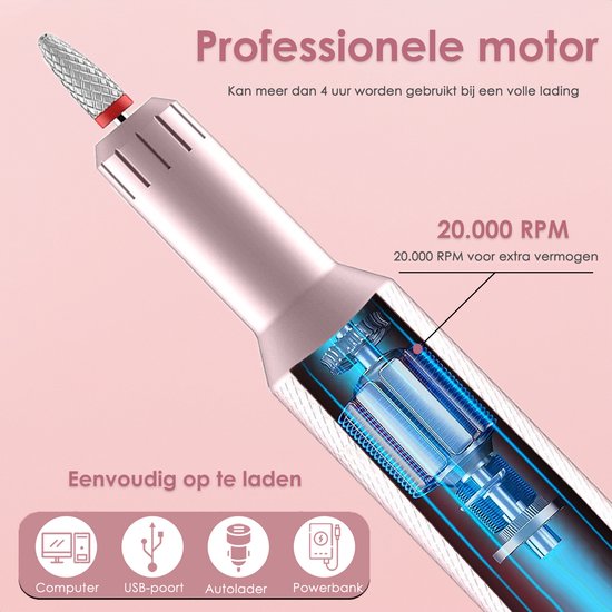 Vesfy Elektrische Nagelvijl - 20000 RPM - Draadloos & Oplaadbaar - 12 Bitjes + 36 Schuurrolletjes - Manicure & Pedicure - Valentijn