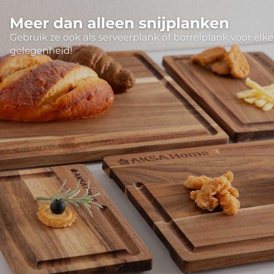AKSA Home® 4-Delige Snijplankenset met Houder - Houten Snijplank met Sapgeul voor Keuken - Serveerplank - Kaasplank - Borrelplank - Acaciahout